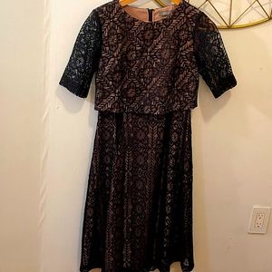 Tea Length Black and Tan Lace Dress